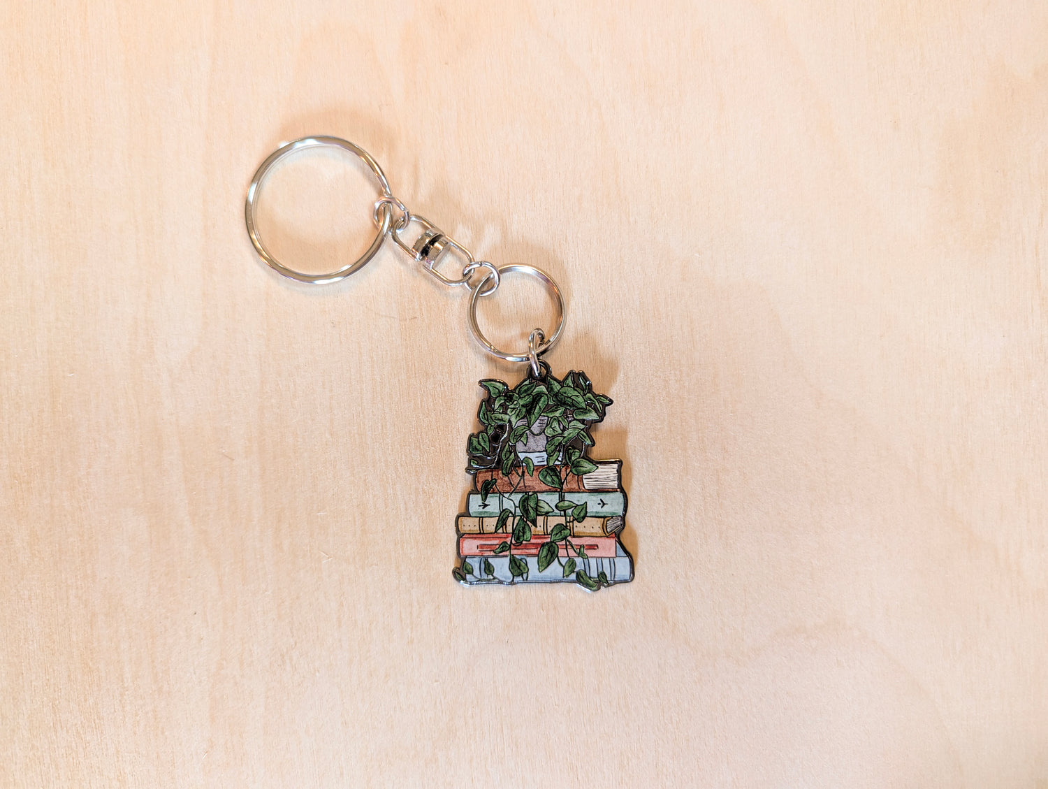 Book and Pothos Botanical Hand-Illustrated Metal Keychain