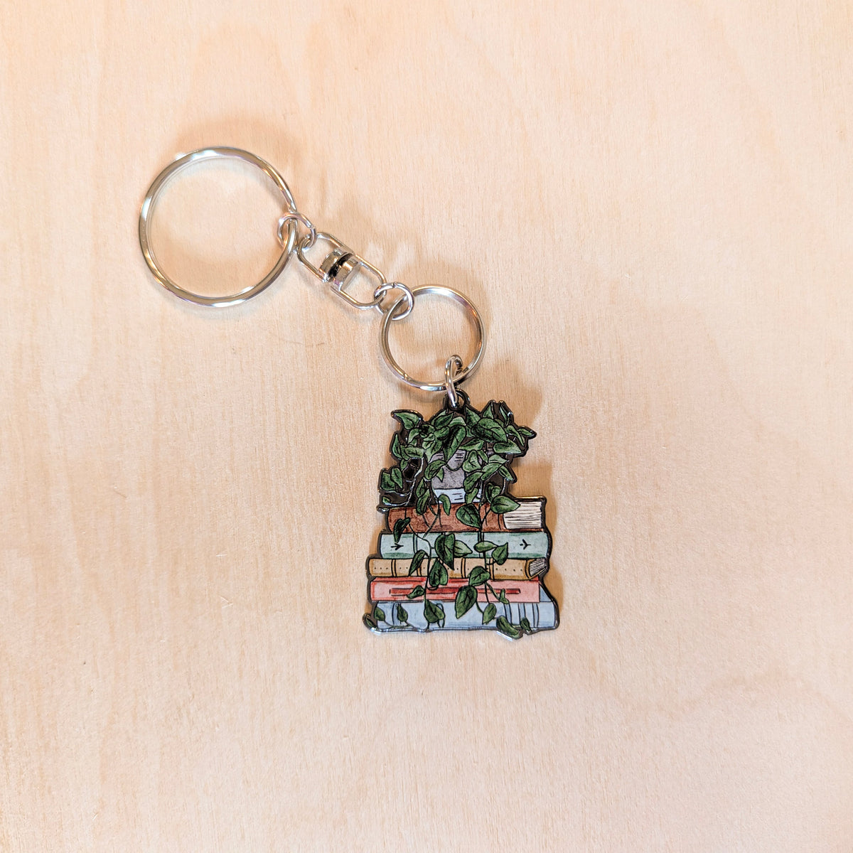 Book and Pothos Botanical Hand-Illustrated Metal Keychain