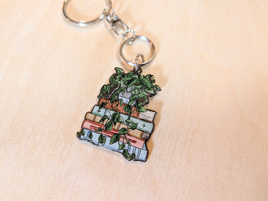 Book and Pothos Botanical Hand-Illustrated Metal Keychain