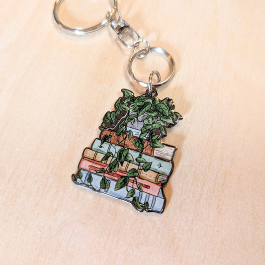 Book and Pothos Botanical Hand-Illustrated Metal Keychain