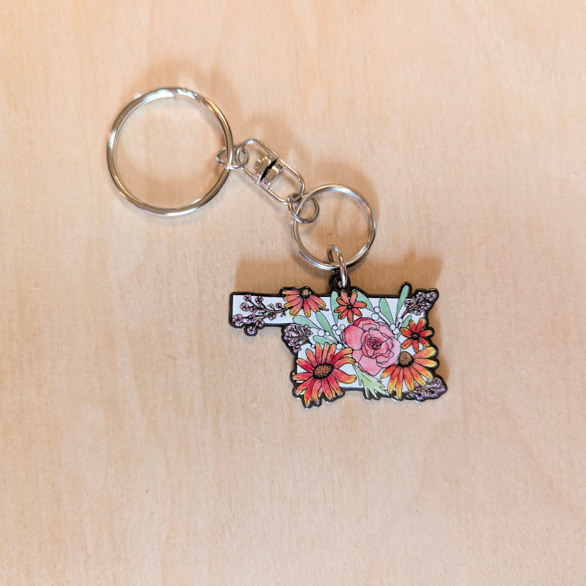 Oklahoma Shaped Hand-Illustrated Metal Keychain