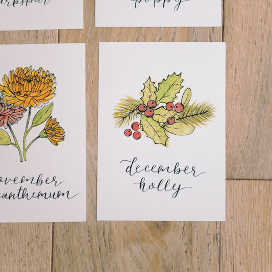 December Birth Month Holly Botanical Print
