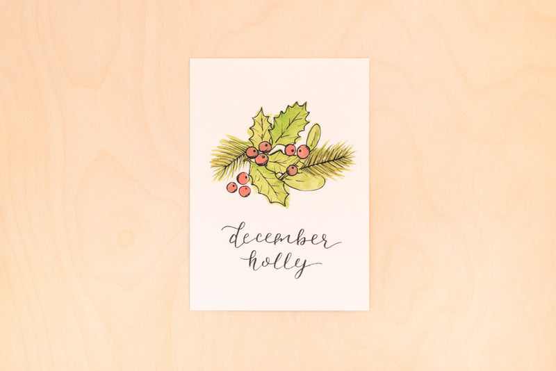December Birth Month Holly Botanical Print